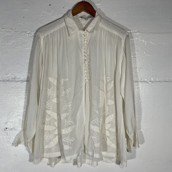 VTG Oversized White Embroidered Blouse Button Rayon Cotton Women’s Medium Boho - Picture 2 of 11